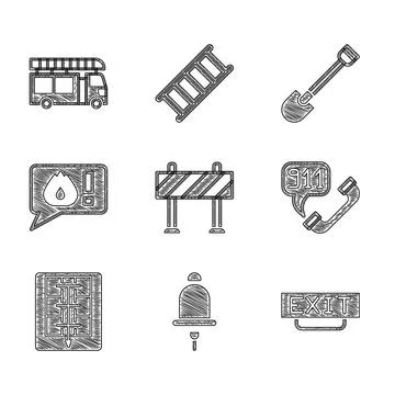 Set Road barrier, Ringing alarm bell, Fire exit, Telephone call 911, Evacuation Illustration