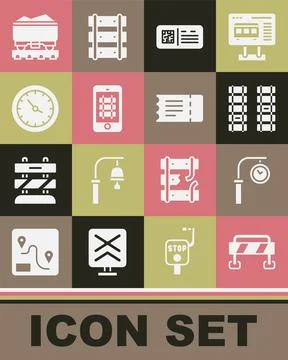 Set Road barrier, Train station clock, Railway, railroad track, QR code ticket Stock-Illustration