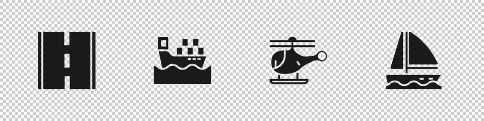 Set Road, Cargo ship with boxes, Helicopter and Yacht sailboat icon. Vector 库存插图