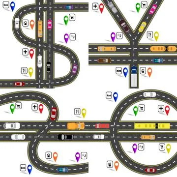 Set of road junctions, resembling the dollar signs, euro, pound, yen, yuan... Stock Illustration