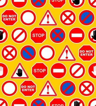 Set of road prohibition signs pattern seamless. Red sign of danger and atte.. Stock Illustration