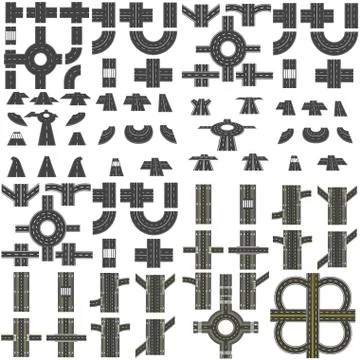 A set of road sections, circular interchanges, various intersections. Top vie Stock Illustration