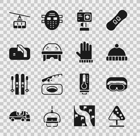 Set Road sign avalanches, Ski goggles, Winter hat, Action camera, Hockey helmet Stock Illustration
