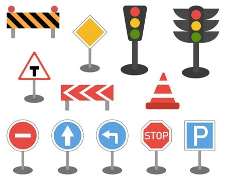 A set of road signs and a traffic light. Vector illustration on a white backg Stock Illustration