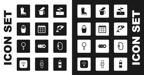 Set Road traffic sign, Calendar, Bucket, Waterproof rubber boot, Fish, Cup tea Illustration