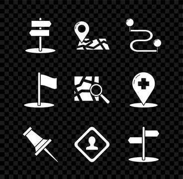 Set Road traffic sign, Folded map with location marker, Route, Push pin, Fl.. Stock Illustration