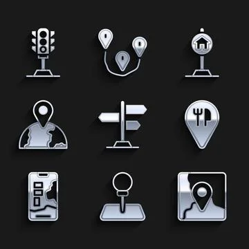 Set Road traffic sign, Push pin, Folded map with location marker, Cafe and .. Stock Illustration