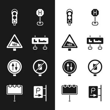 Set Road traffic sign, Steep ascent and descent road, Traffic light, Hospit.. Stock Illustration