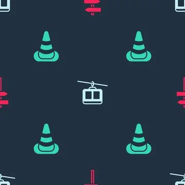 Set Road traffic signpost, Cable car and Traffic cone on seamless pattern Stock Illustration