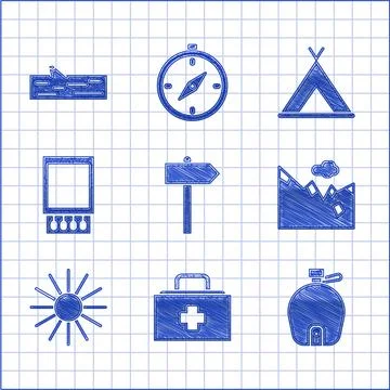 Set Road traffic signpost, First aid kit, Canteen water bottle, Mountains, .. Stock Illustration