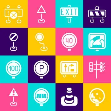 Set Road warning rockfall, Traffic light, Drawbridge ahead, Fire exit, traffic Stock Illustration
