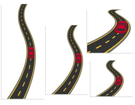 A set of roads with cars from different angles. Road, high-speed highway car. Stock Illustration