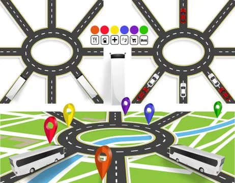 A set of roads with a circular motion. Markers on the map of the city and w.. Stock Illustration