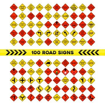 Set of roads signs 100pcs. Stock Illustration