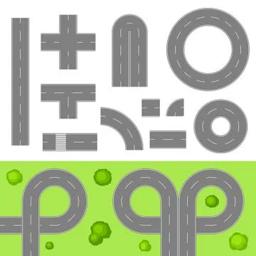 Set of roads top view elements. Stock Illustration