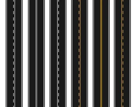 Set of roads with various white and yellow markings on a white background. Ma Stock Illustration