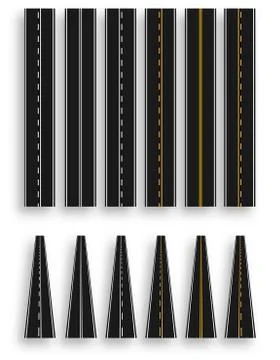 Set of roads with various white and yellow marks on a white background. In pe Stock Illustration