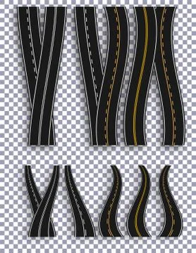 Set of roads with various white and yellow marks on a checkered background wi Stock Illustration