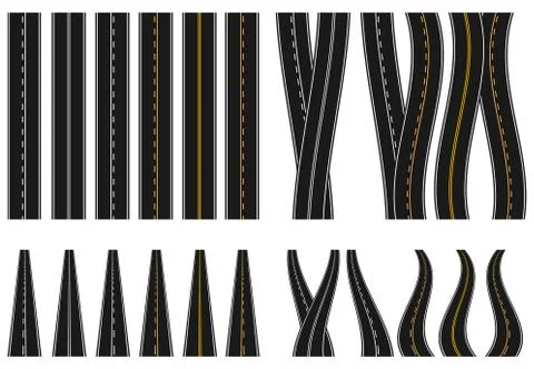 Set of roads with various white and yellow marks on a white background. View  Stock Illustration