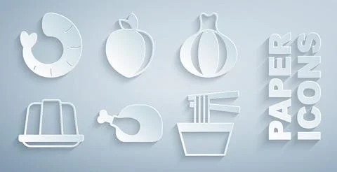 Set Roasted turkey or chicken, Onion, Jelly cake, Asian noodles in bowl, Plum Stock Illustration
