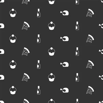 Set Roasted turkey or chicken, Slice of pizza, Muffin and Tabasco sauce on .. Stock Illustration