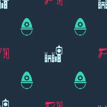 Set Robin hood hat, Big Ben tower and British police helmet on seamless pattern Stock Illustration