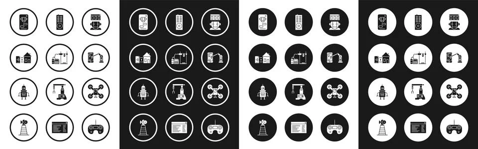Set Robot, 3D printer, Smart home, Bot, Industrial machine robotic robot arm Stock Illustration
