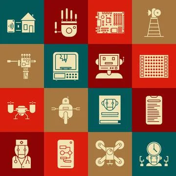 Set Robot and digital time manager, Printed circuit board PCB, Electronic Ilustración de archivo