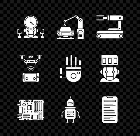 Set Robot and digital time manager, Industrial machine robotic robot arm hand Stock Illustration