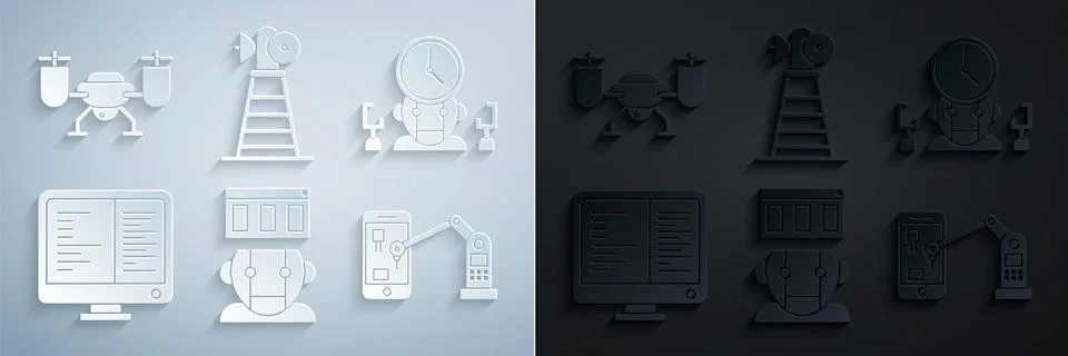 Set Robot, and digital time manager, Computer monitor screen, Industrial ma.. Stock-Illustration