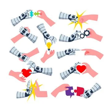 Set of Robot and human hands set collection, robot mechanical arm with vari.. Illustrazione stock