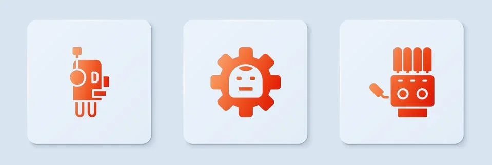 Set Robot, and Mechanical robot hand. White square button. Vector 스톡 일러스트