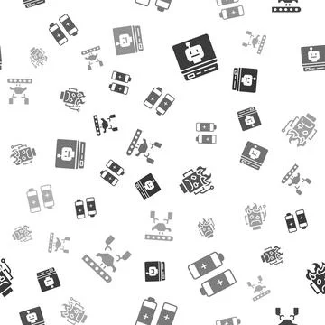 Set Robot, Battery, burned out and Robotic robot arm on factory on seamless Illustrazione stock