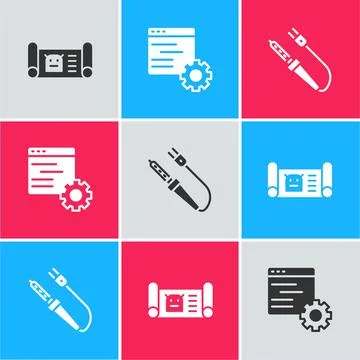 Set Robot blueprint, Computer api interface and Soldering iron icon. Vector Stock Illustration
