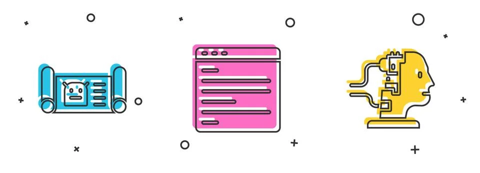Set Robot blueprint, Computer api interface and for maintenance icon. Vector Stock Illustration