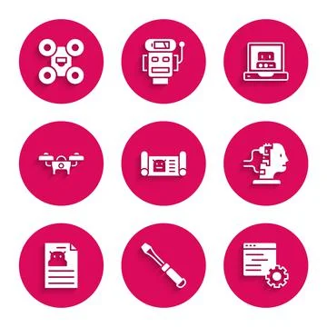 Set Robot blueprint, Screwdriver, Computer api interface, for maintenance 스톡 일러스트