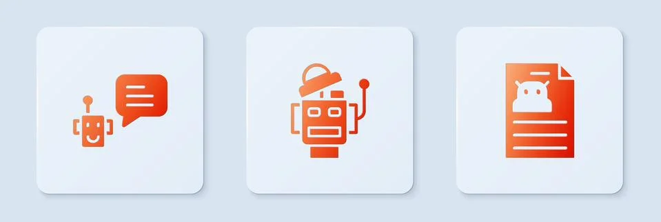 Set Robot, Bot and Technical specification. White square button. Vector Stock Illustration