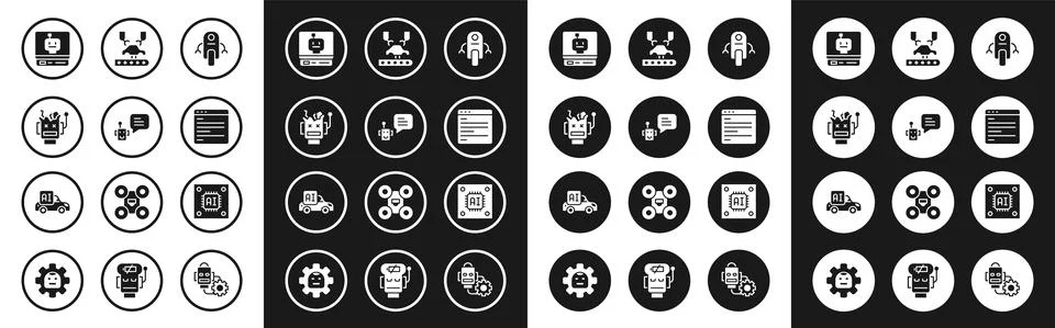 Set Robot, Bot, Broken robot, Computer api interface, Robotic arm on factory Illustrazione stock