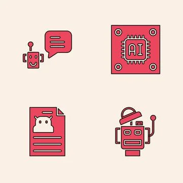 Set Robot, Bot, Processor with microcircuits CPU and Technical specification Stock Illustration