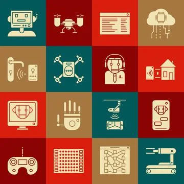 Set Robot, Bot, Smart home, Software, web developer programming code, Drone Illustrazione stock