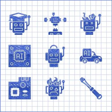 Set Robot, burned out, Screwdriver, Autonomous smart car, Motherboard digital Stockillustratie
