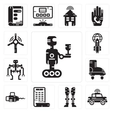 Set of Robot, Car, Prosthesis, Smartphone, Chainsaw, Boots, Rocket, Windmill  Free Stock Illustration