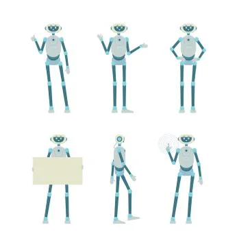 Set of robot characters in interactive poses flat vector illustration isolated. 库存插图