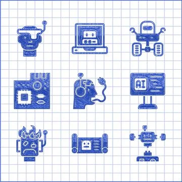 Set Robot charging battery, blueprint, Disassembled robot, Software, burned o Stock-Illustration