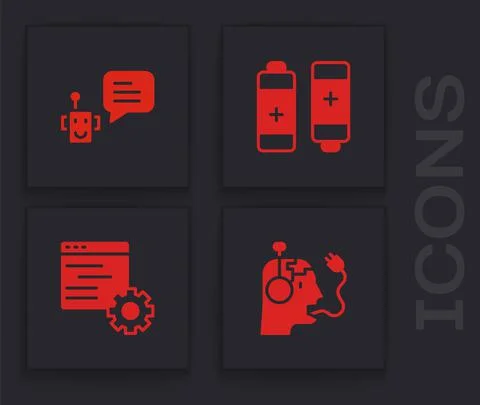 Set Robot charging battery, Bot, Battery and Computer api interface icon. Vector イラスト素材