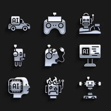 Set Robot charging battery, burned out, Disassembled robot, Software, Humanoid Ilustración de archivo