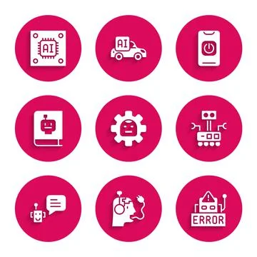 Set Robot, charging battery, Error robot, Bot, User manual, Turn off from phone Stock Illustration