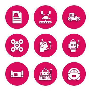 Set Robot charging battery, Error robot, vacuum cleaner, blueprint, Drone Stock Illustration