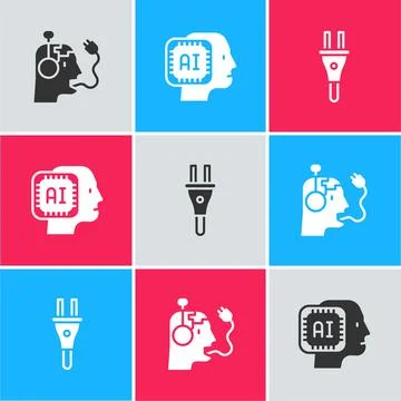 Set Robot charging battery, Humanoid robot and Electric plug icon. Vector イラスト素材