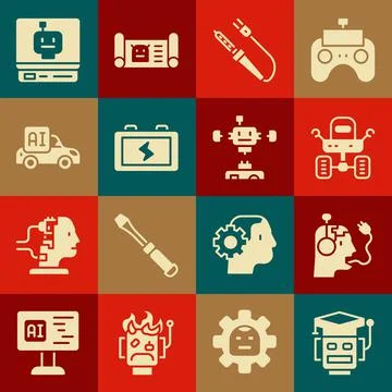 Set Robot, charging battery, Mars rover, Soldering iron, Battery, Autonomous Stock Illustration